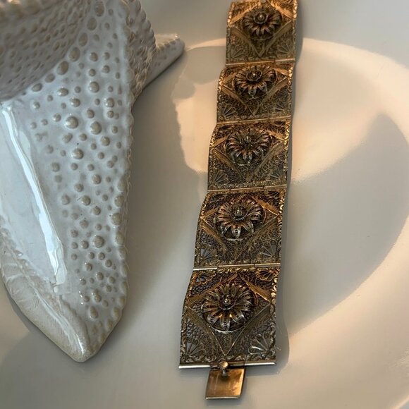 ANTIQUE STERLING VERMEIL FILIGREE CUFF BRACELET - Picture 5 of 8